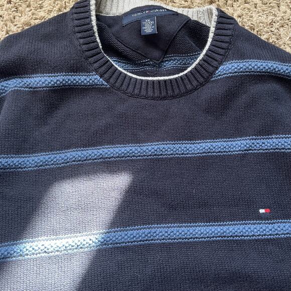 Tommy Hilfiger Sweater Mens blueNavy Blue Striped Crest Logo Preppy Knit - Picture 5 of 6